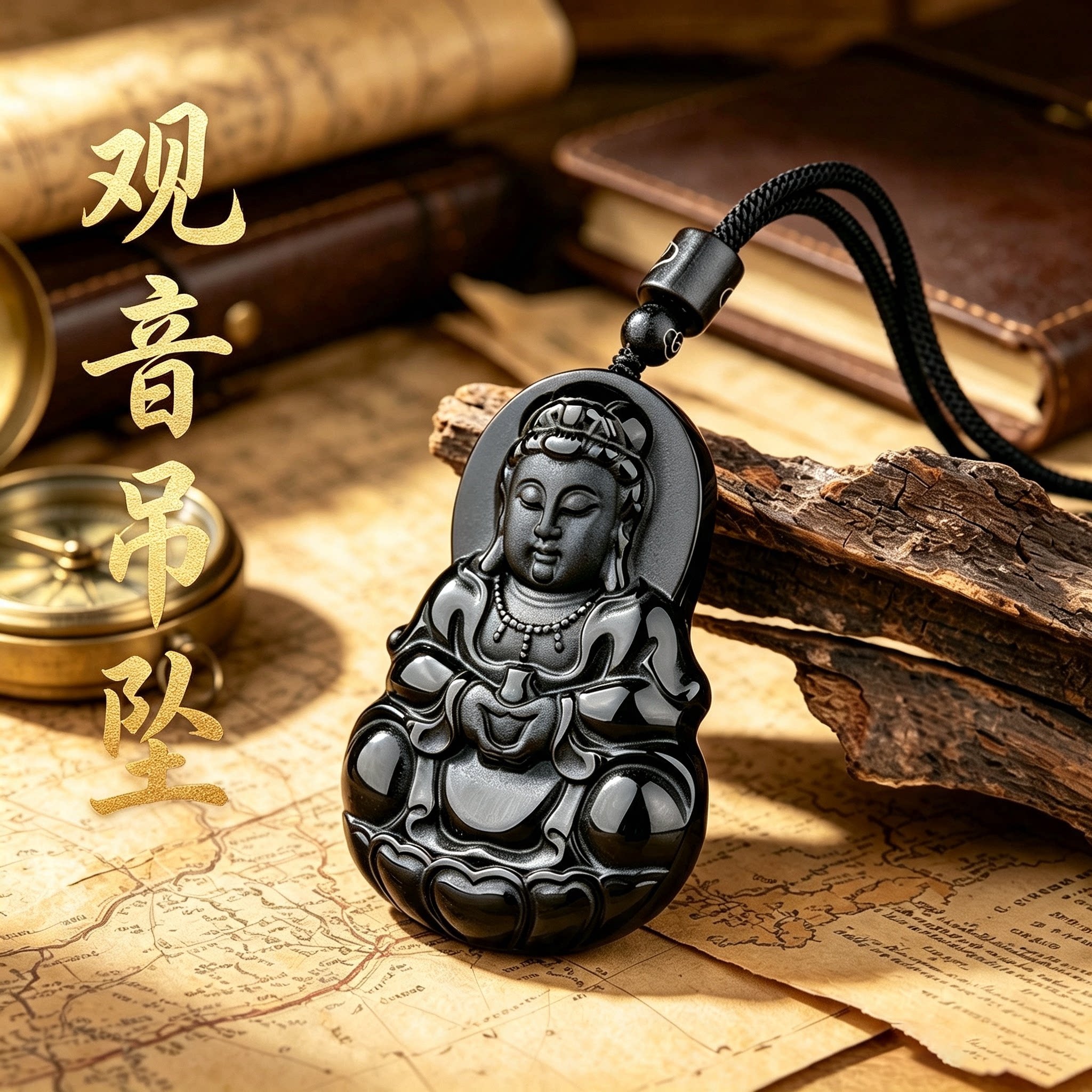 天然乌金黑曜石观音吊坠本命年