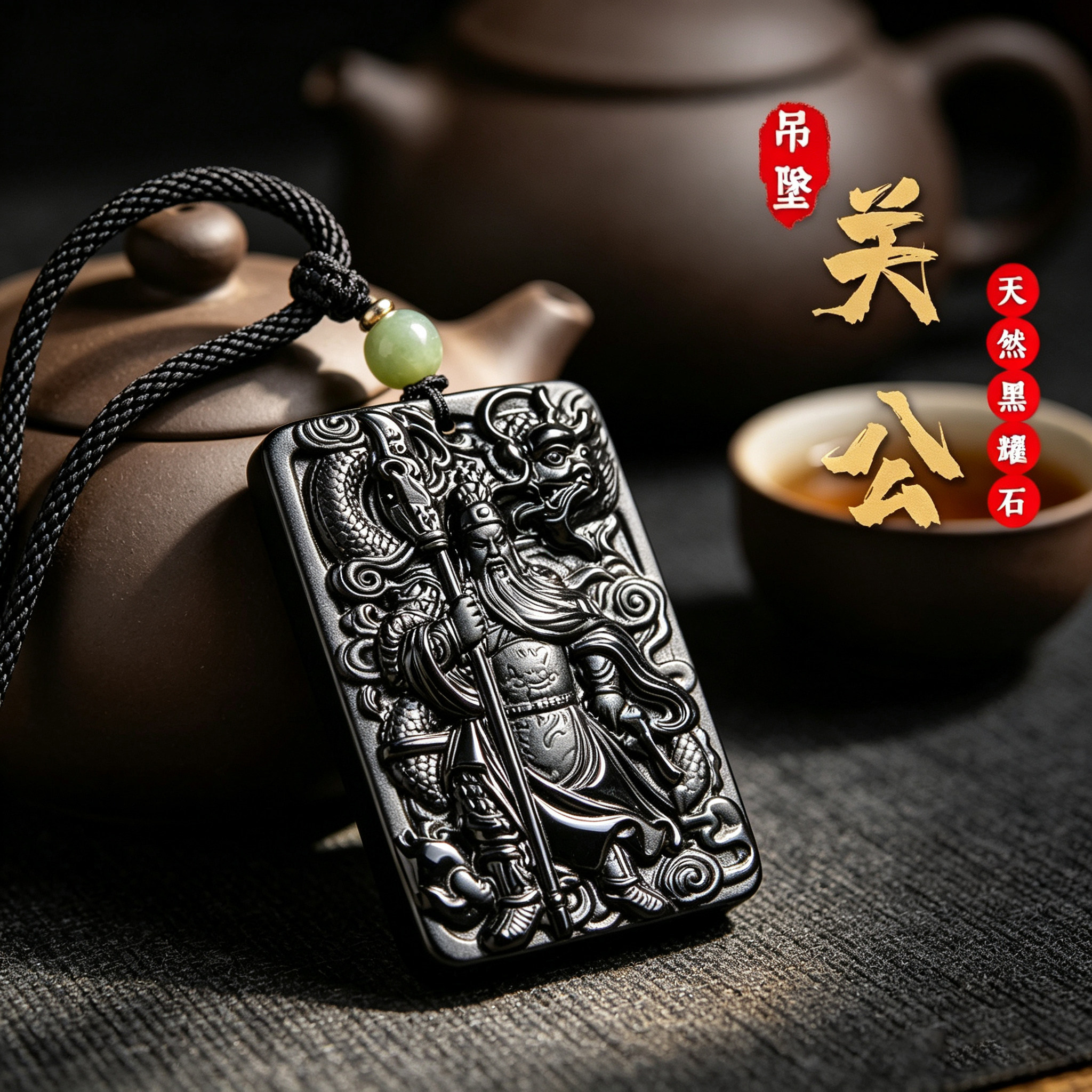 天然黑曜石关公吊坠本命年招财