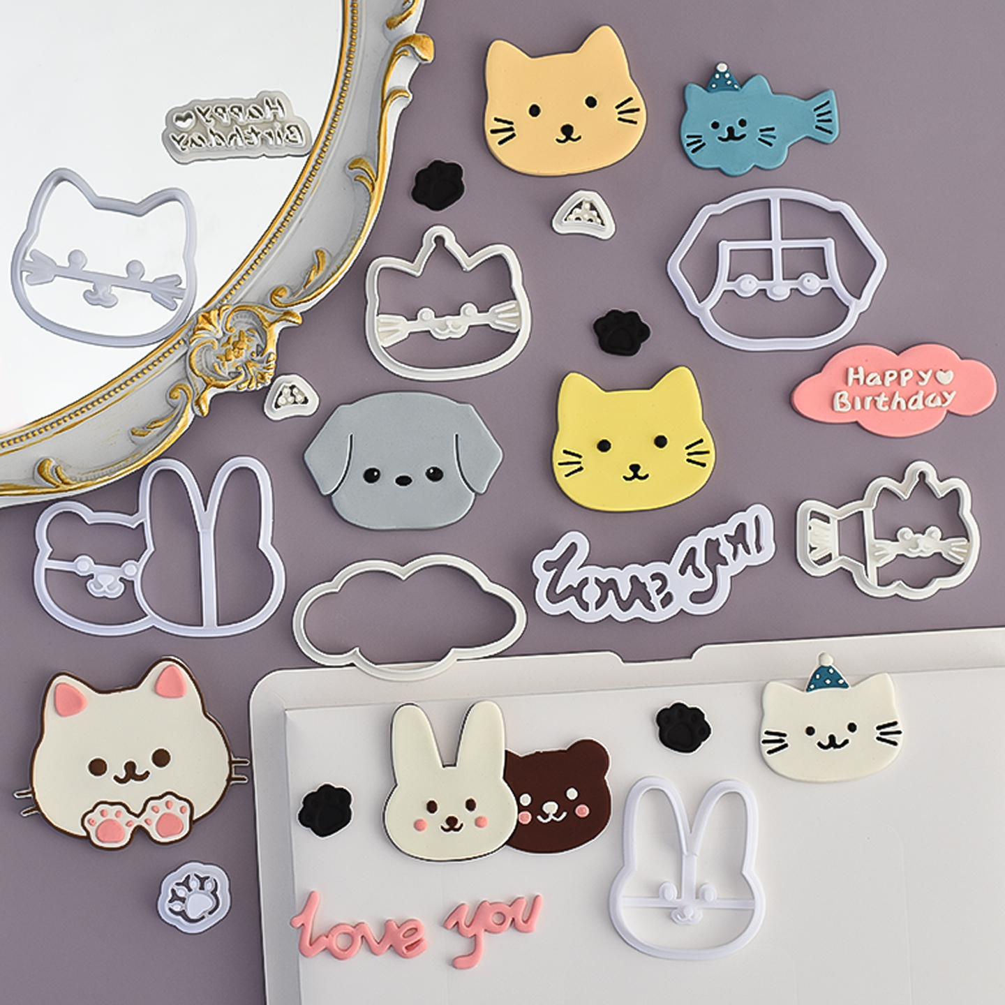 糖堡森林网红卡通HB生日小猫翻糖切模情侣熊兔love猫咪蛋糕模具