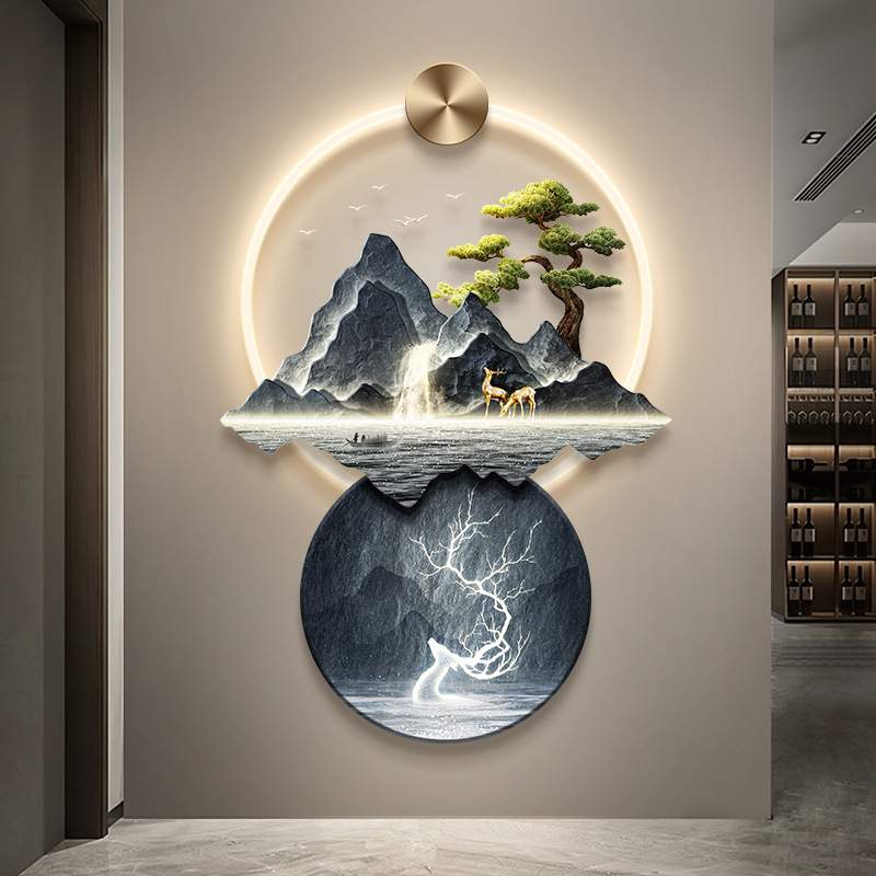 轻奢入户玄关装饰画新中式流水生财山水灯画高档走廊过道立体壁饰图片
