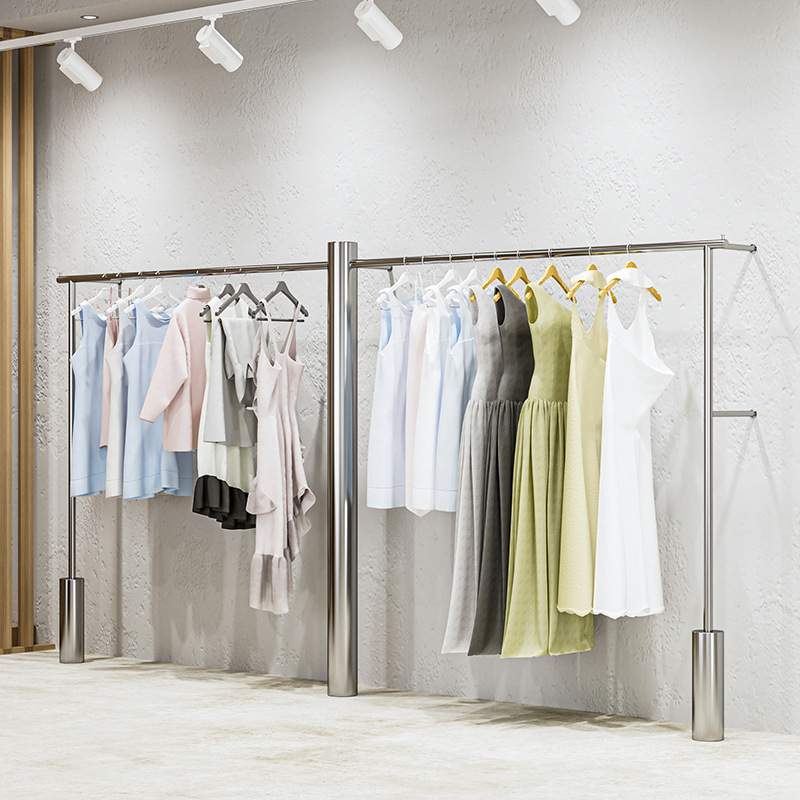 服装店展示架上墙不锈钢拉丝银立柱挂衣架落地式男女装店陈列货架