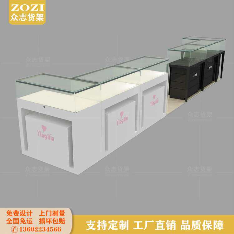 商场珠宝木质烤漆玻璃展示柜中间矮柜首饰金银玉器柜带灯设计
