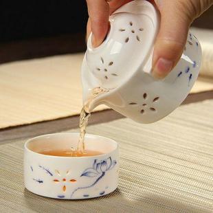 玲珑镂空陶瓷快客杯便携旅行茶具青花瓷冲茶器茶壶简约迷你手抓壶