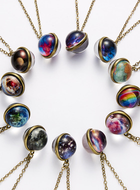 热销 欧美个性星系星云宇宙夜光双面复古吊坠项链