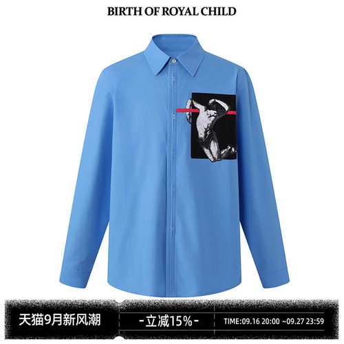 BIRTH OF ROYAL CHILD.BORC 撞色贴布衬衫进口府绸蓝色艺术贴布