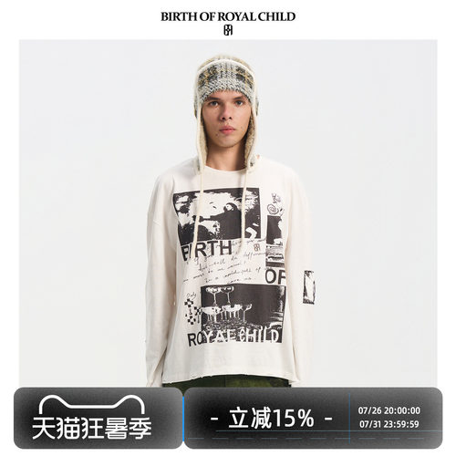 BIRTH OF ROYAL CHILD.BORC 【张峻豪同款】海报贴布长袖T恤做旧
