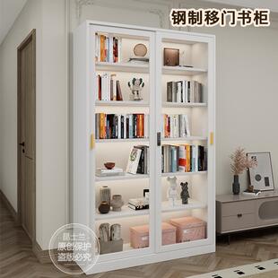 家用轻奢书柜玻璃移门推拉落地防尘展示柜客厅书房储藏收纳架带锁