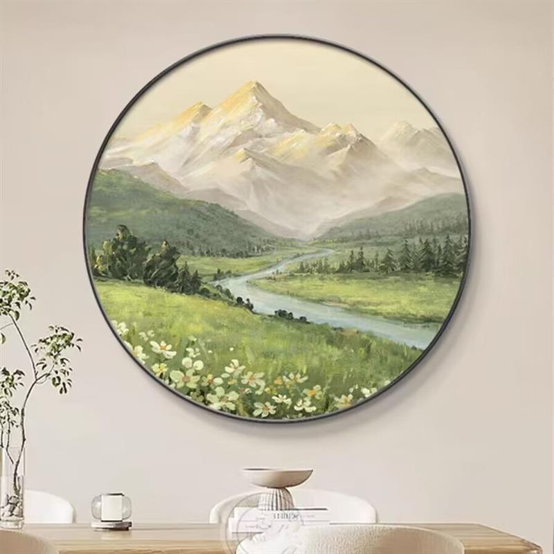 日照金山玄关装饰画圆形餐厅山水风景走廊过道挂画北欧正对门墙画图片
