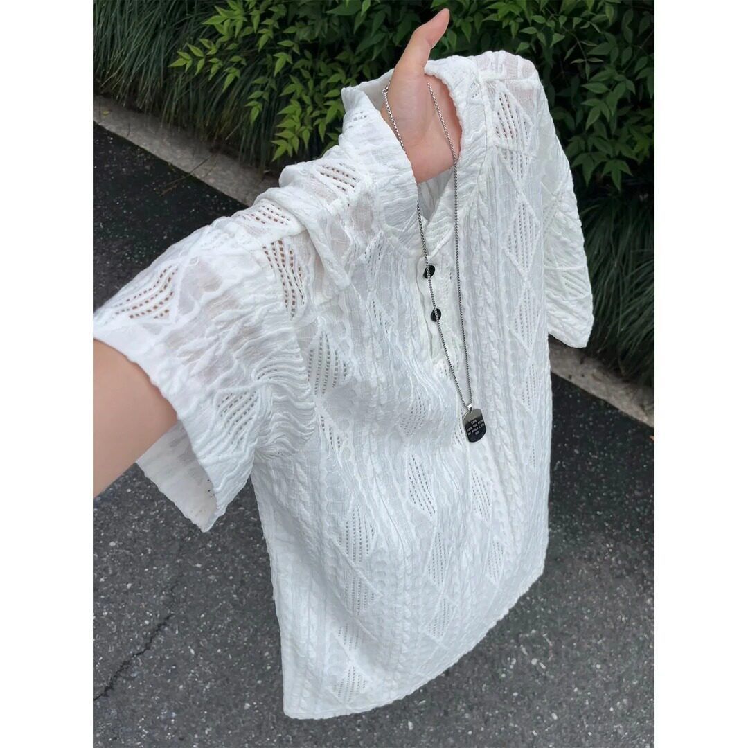 老钱风提花镂空网孔亨利领短袖t恤夏季透气宽松高级休闲半袖上衣