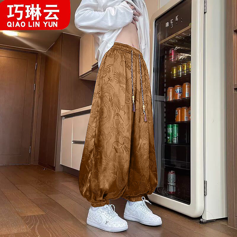巧琳云春夏薄款时尚阔腿灯笼裤中国风龙纹提花哈伦裤宽松大码男裤