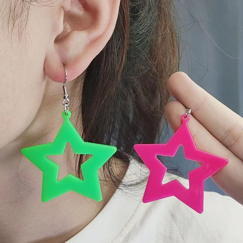 欧美荧光色镂空五角星亚克力耳钉耳环时尚潮流星星耳坠耳饰品女