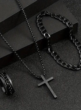 欧美热销亚马逊SHEINtemu新款十字架饰品链条戒指手链项链3套装