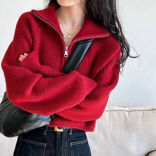 南乡短款慵懒风小个子半拉链高领毛衣女秋冬针织衫外穿宽松上衣潮