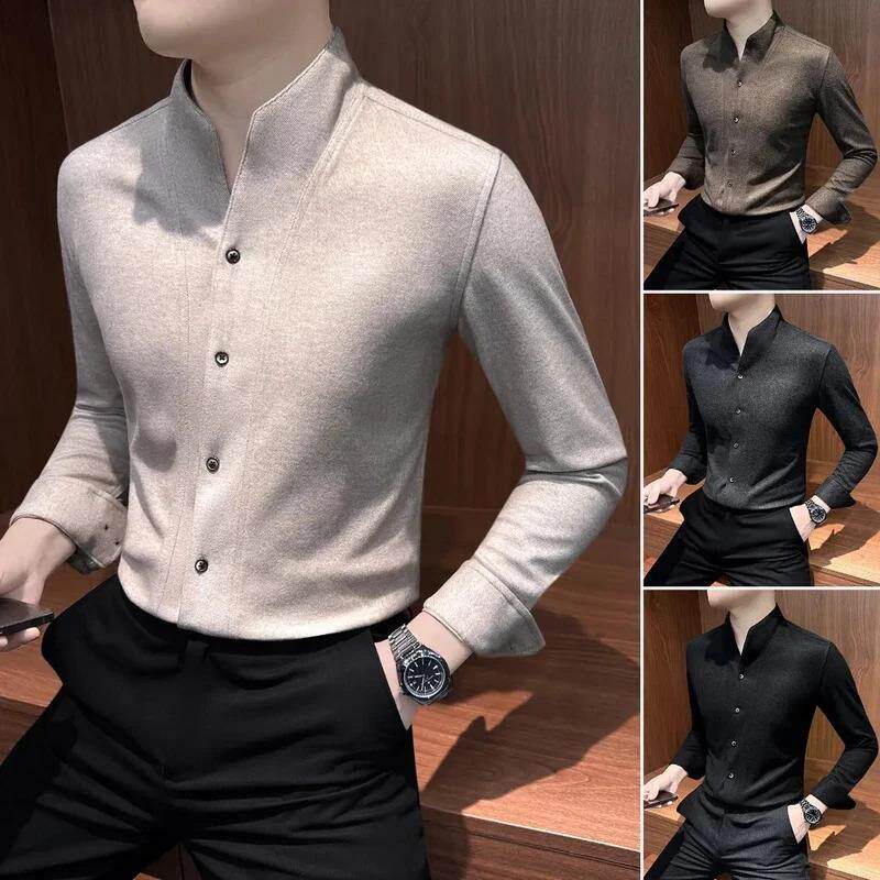 宇冬休闲优品V领毛呢长袖衬衫男款新中式立领衬衫秋冬商务男装