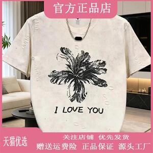 锋界服饰扎染破洞休闲T恤2026夏季新款男士宽松圆领时尚潮流印花