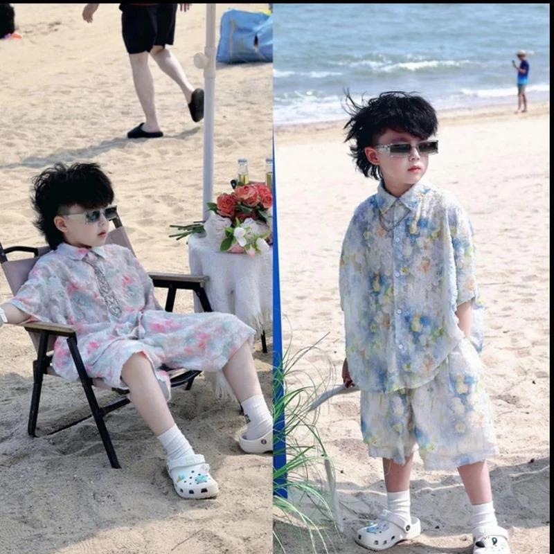 欧童甄选1儿童衬衫套装2026夏季新款男女童洋气花衬衫短裤套装