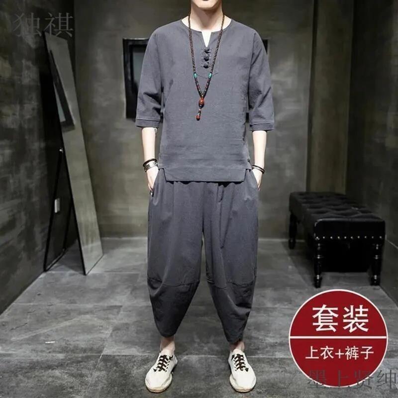 VINSAME3亚麻男短袖t恤中国风男装中式棉麻套装佛系唐装汉服禅服