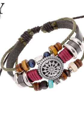 直销 个性欧美绿松石蓝眼睛男士手链朋克太阳花手工皮革手环