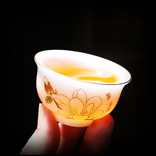 陶瓷潮汕功夫茶碗家用小容量高档品茗杯子 描金冰种玉瓷茶杯6只装