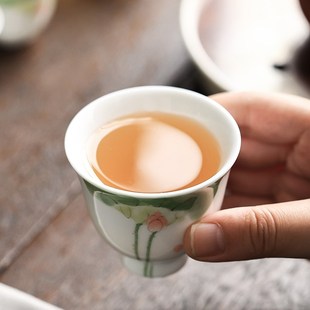 品茗杯子 手绘墨画青荷茶杯陶瓷主人杯个人专用德化白瓷喝茶杯中式
