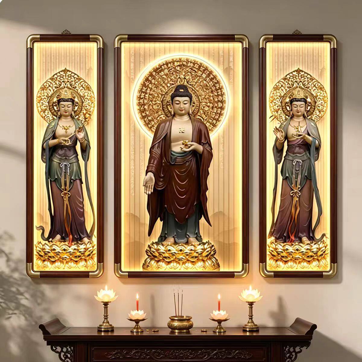 西方三圣佛堂阿弥陀佛实木佛像中堂供奉背景墙装饰画寺庙挂画