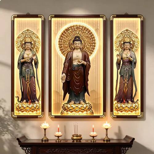 西方三圣佛堂阿弥陀佛实木佛像中堂供奉背景墙装饰画寺庙挂画