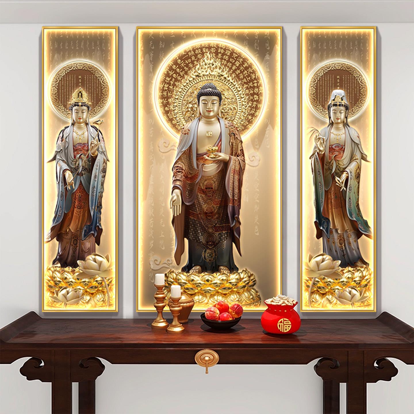 西方三圣画像挂画佛像家用供奉中堂背景墙装饰画佛堂寺庙壁画灯画