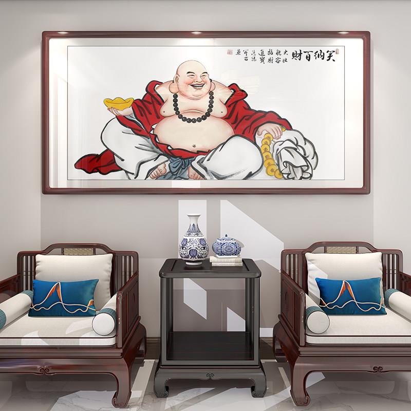招财进宝手绘大肚弥勒佛画像笑口常开蝙蝠客厅背景墙禅意茶室挂画