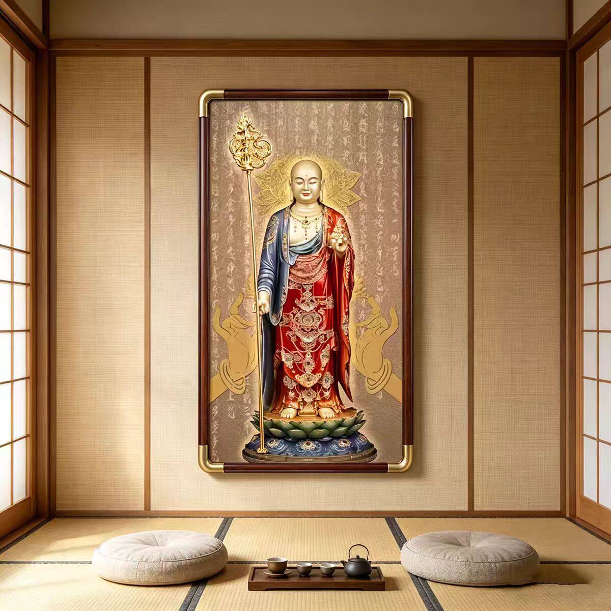 九华山地藏王藏地菩萨佛堂供奉中堂实木装饰画佛像画佛龛挂画
