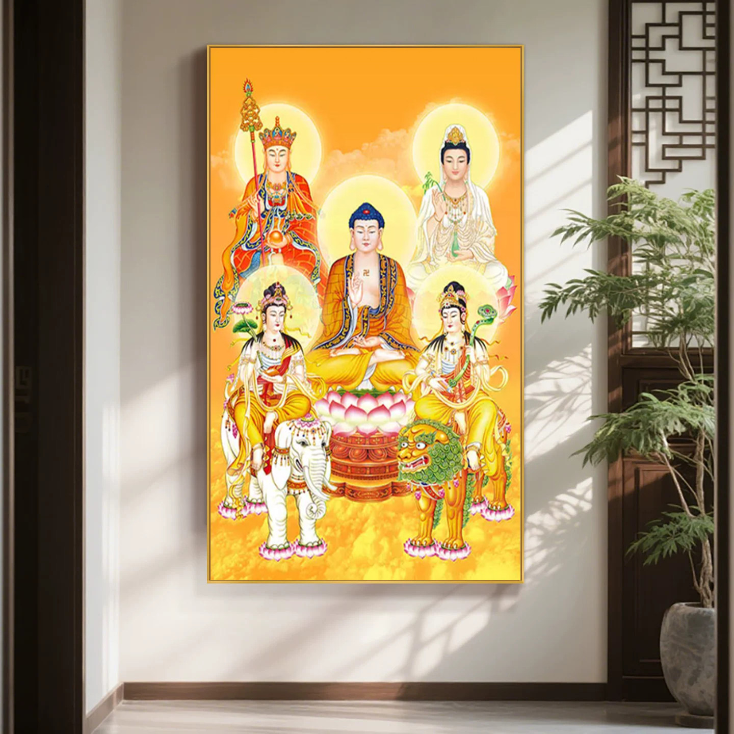 五圣图如来佛祖文殊普贤观音地藏王菩萨佛像画佛堂LED带灯装饰画