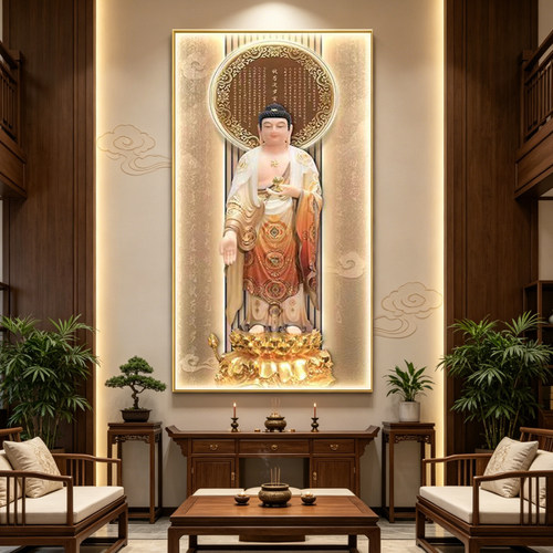 新中式心经玄关佛像家用佛堂供奉挂画像禅意观音菩萨LED带灯挂画