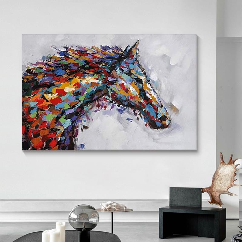 纯微喷客动物厅彩色骏马晶瓷抽象画玄关布面大芬村餐厅横版装饰挂图片