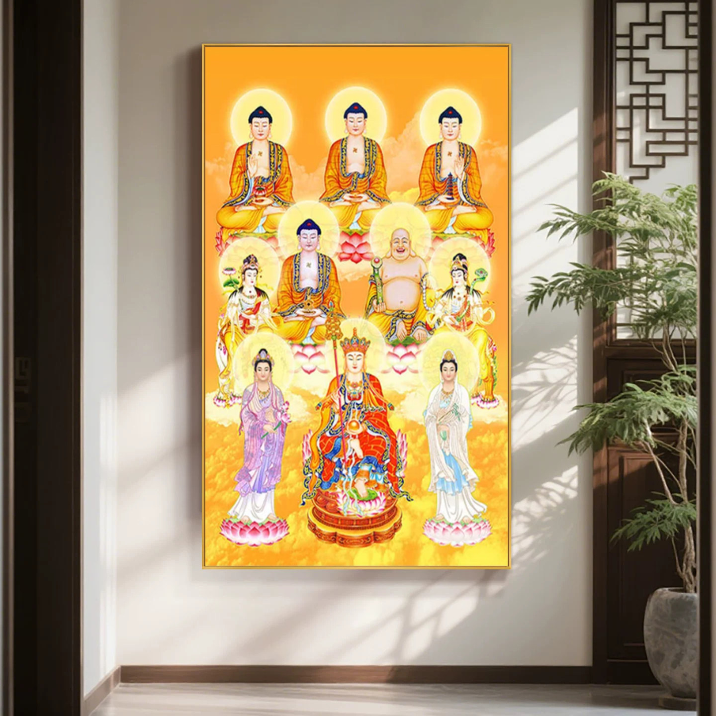 五佛五菩萨十圣图三宝佛地藏王观音文殊菩萨佛LED带灯供奉装饰画