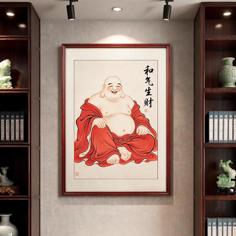 新中式入户玄关和气生财大肚弥勒佛挂画竖幅国画红衣笑佛装饰挂画