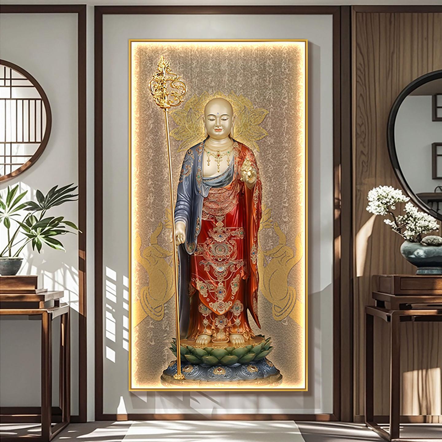 藏地菩萨挂画佛堂供奉中堂佛像画九华山地藏王壁画佛龛带灯装饰画