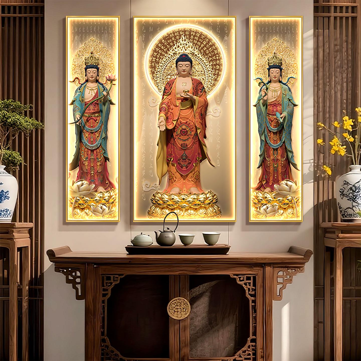 西方三圣佛像佛堂挂画中堂家用供奉寺庙背景墙接引图带灯定制壁画