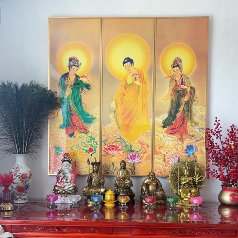 西方三圣佛现代壁画 茶楼中式玄关轻奢挂画 三联喷绘装饰画