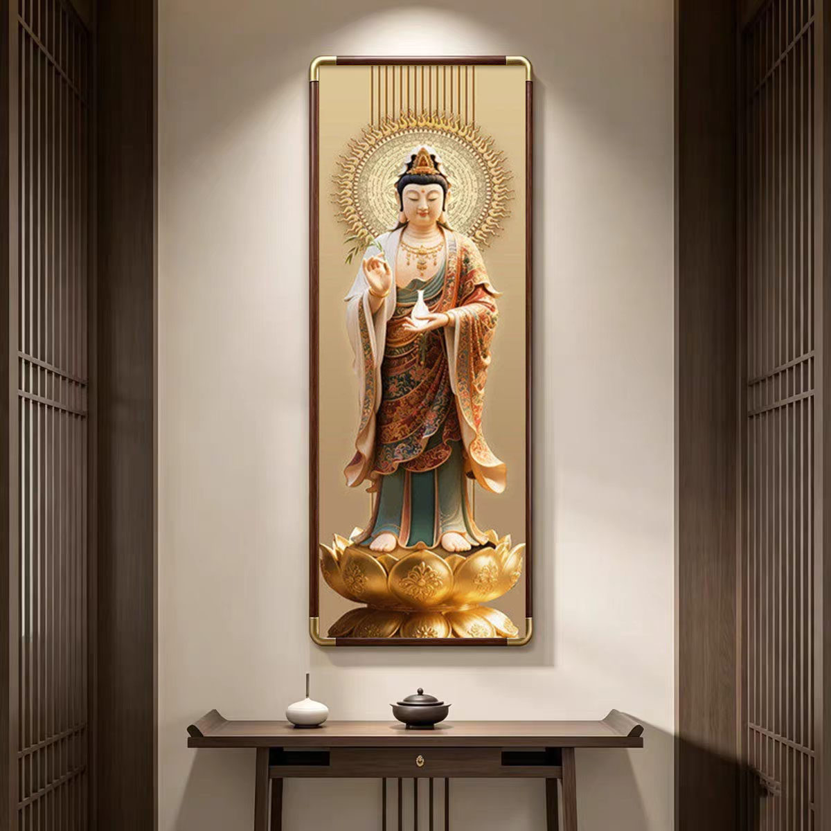 西方三圣佛像画像家用供奉实木铜角佛家堂口佛堂背景墙装饰画挂画