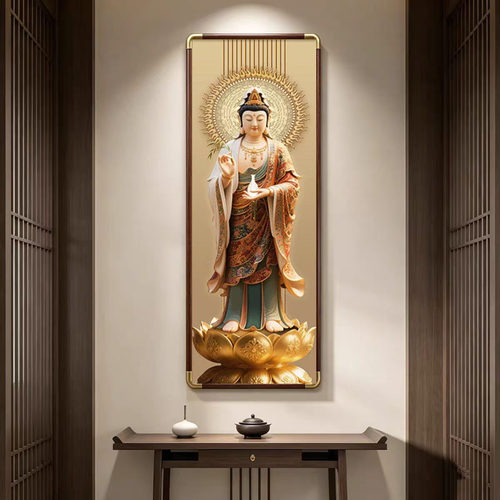 西方三圣佛像画像家用供奉实木铜角佛家堂口佛堂背景墙装饰画挂画