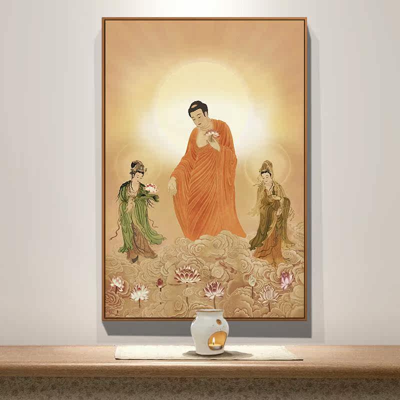 西方三圣佛像挂画观世音像阿弥陀佛人物画像佛堂佛龛供奉禅意装饰