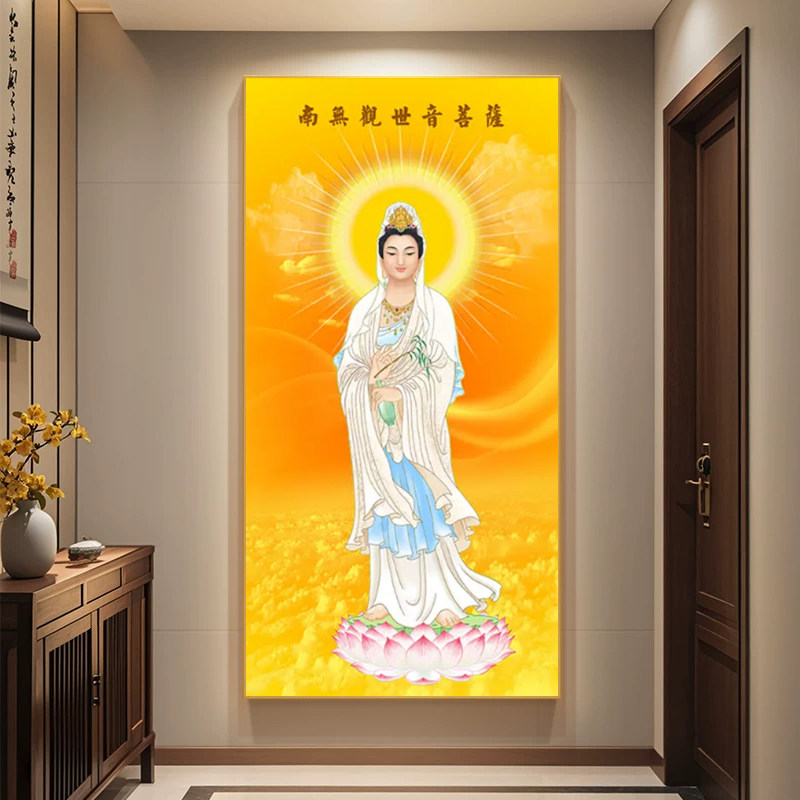白衣观音菩萨画像观世音佛像画佛堂供奉背景墙挂画LED带灯装饰画