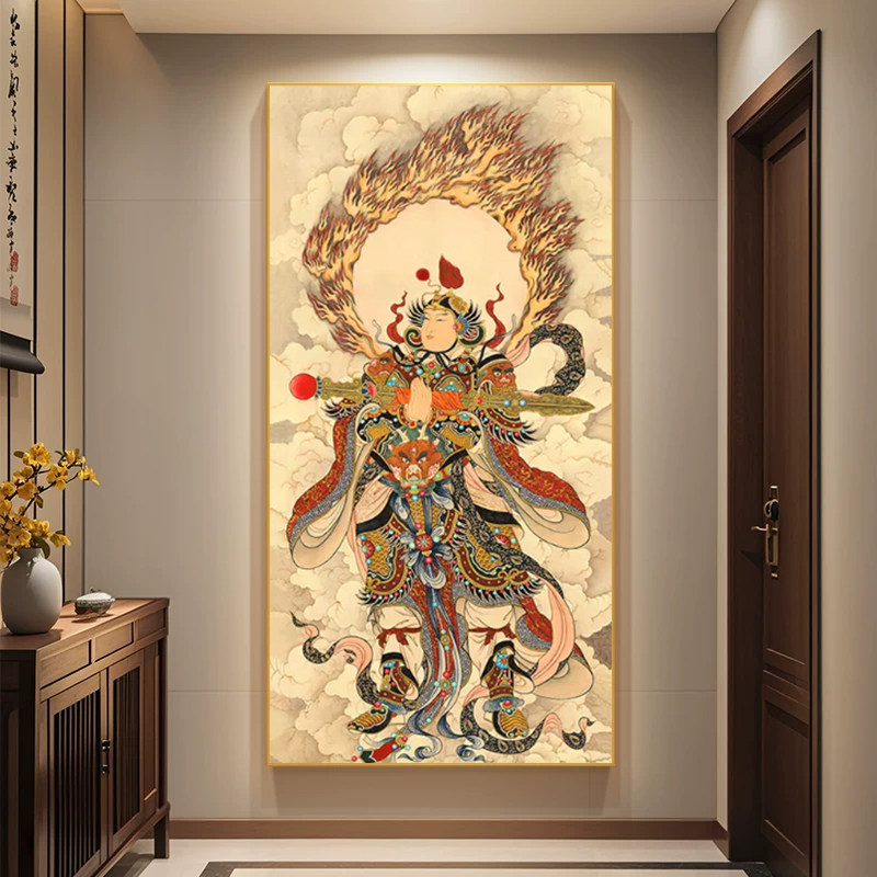 韦驮护法尊天菩萨画像韦陀楼至佛堂供奉背景墙挂画LED带灯装饰画