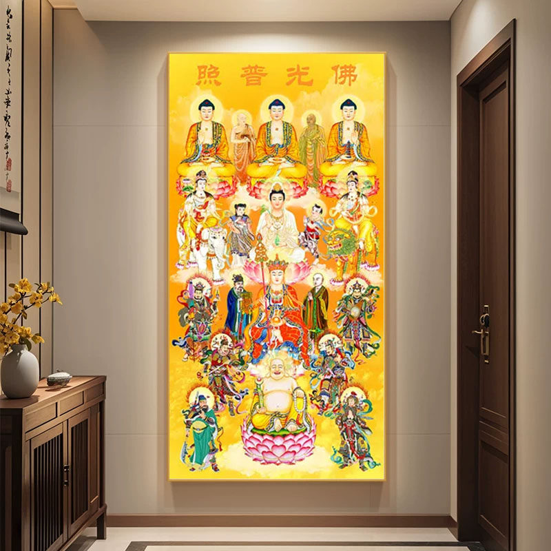 全堂佛画像挂画文殊普贤地藏王观音菩萨供奉佛堂LED带灯装饰画