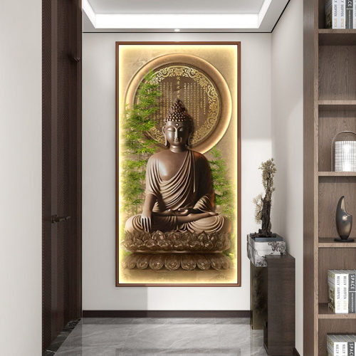 新中式竹子释迦牟尼佛祖画像玄关实木铜角装饰画禅意佛像佛堂挂画