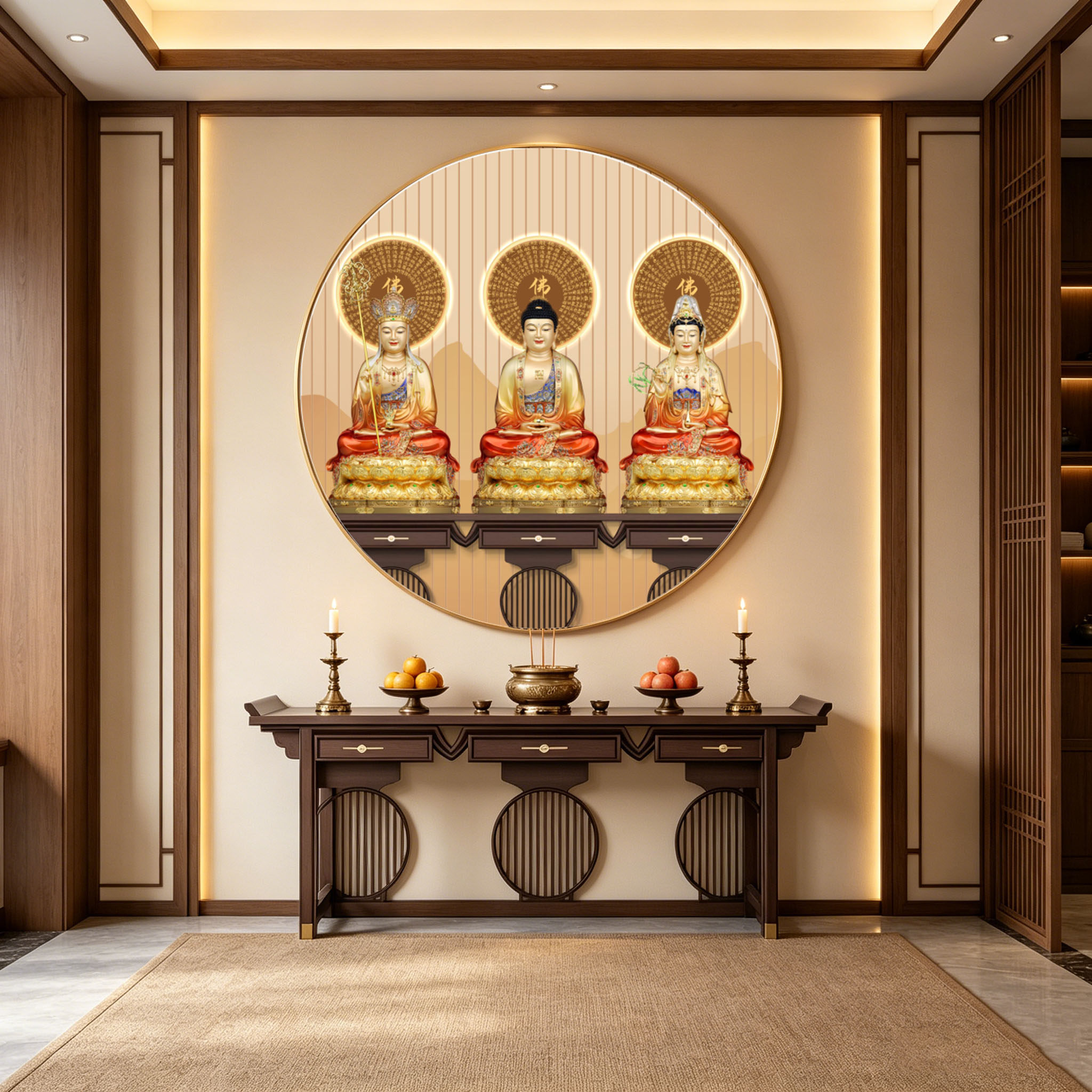 娑婆三圣藏地菩萨装饰画背景墙壁画家用供奉圆形佛像LED灯挂画