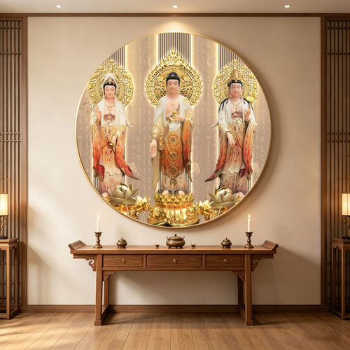 观世音菩萨西方三圣寺庙佛堂背景墙装饰画接引圆形供奉LED灯挂画