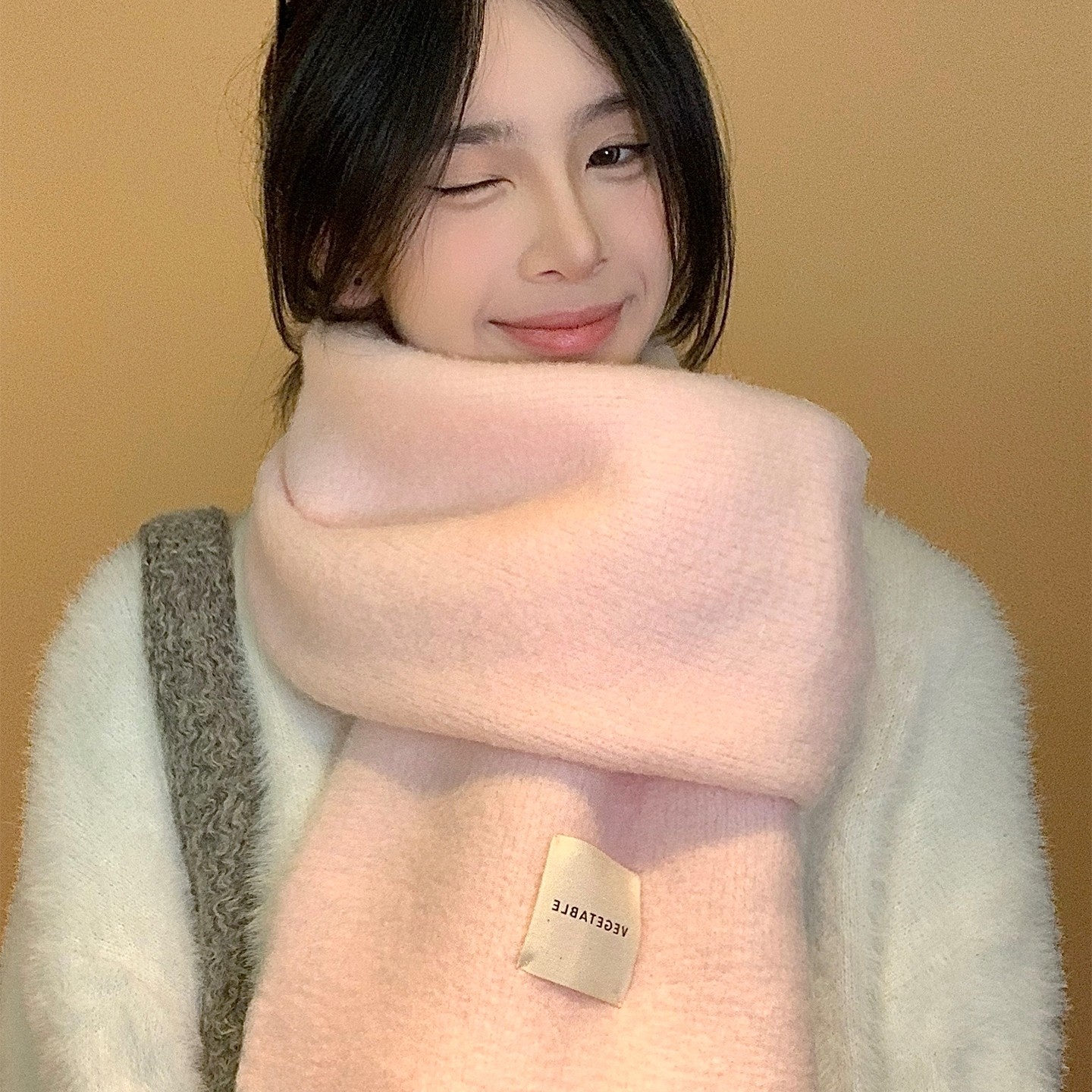 粉色含羊毛针织围巾女冬季韩系氛围感2025新款高级感加厚保暖围脖