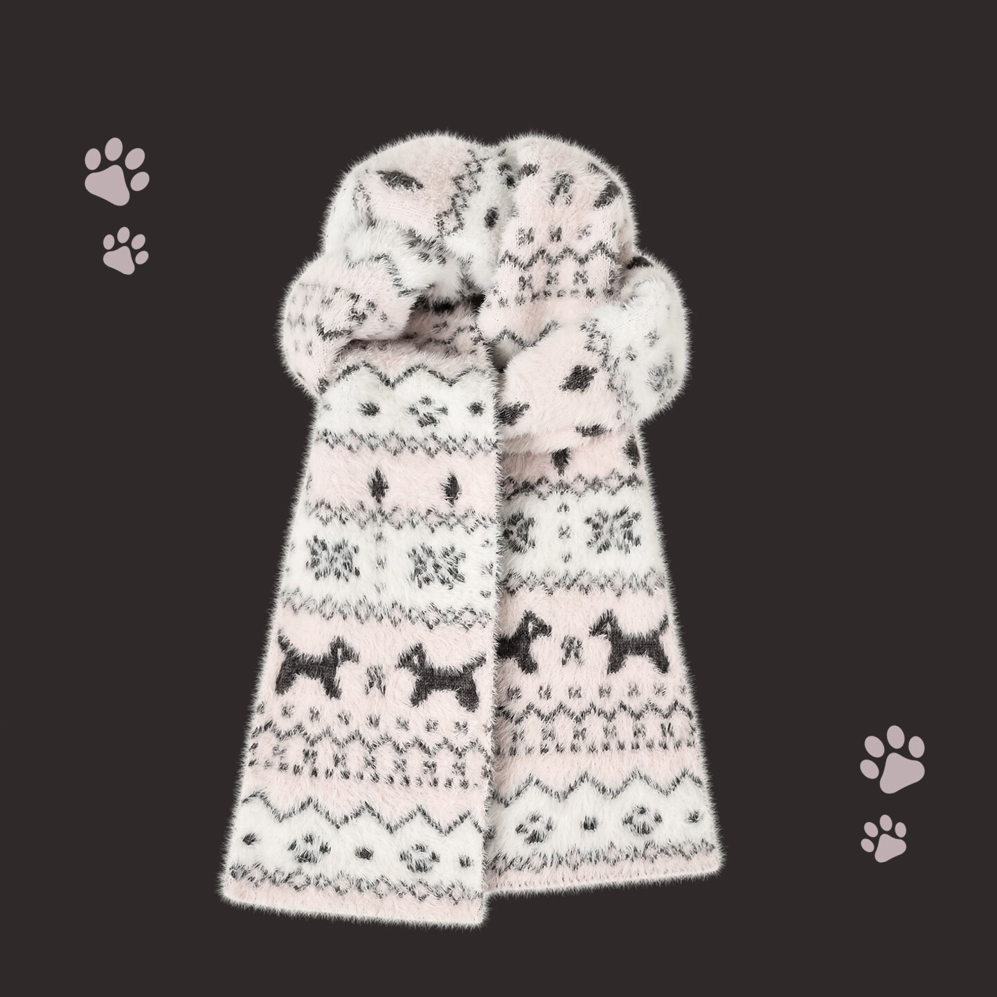 北极绒费尔岛风猫咪双面提花围巾女韩版秋冬温柔甜美保暖针织围脖