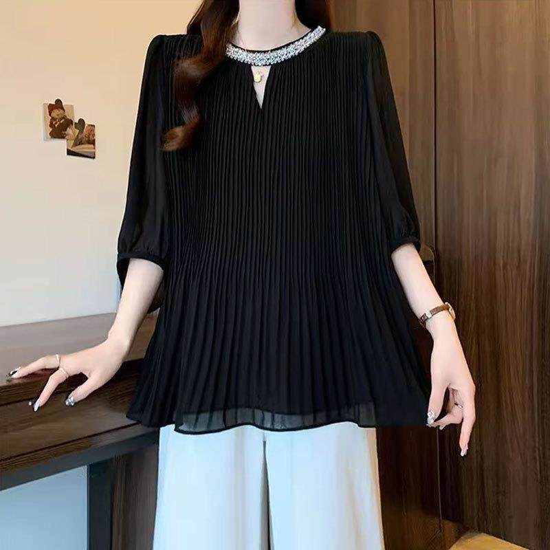 高级感轻奢重工镶钻雪纺衫女装夏季2026新款大码胖mm遮肚衬衫上衣