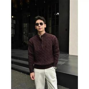 伊伦森轻奢老钱风编织假两件冬重磅套头亨利领毛衣慵懒针织衫